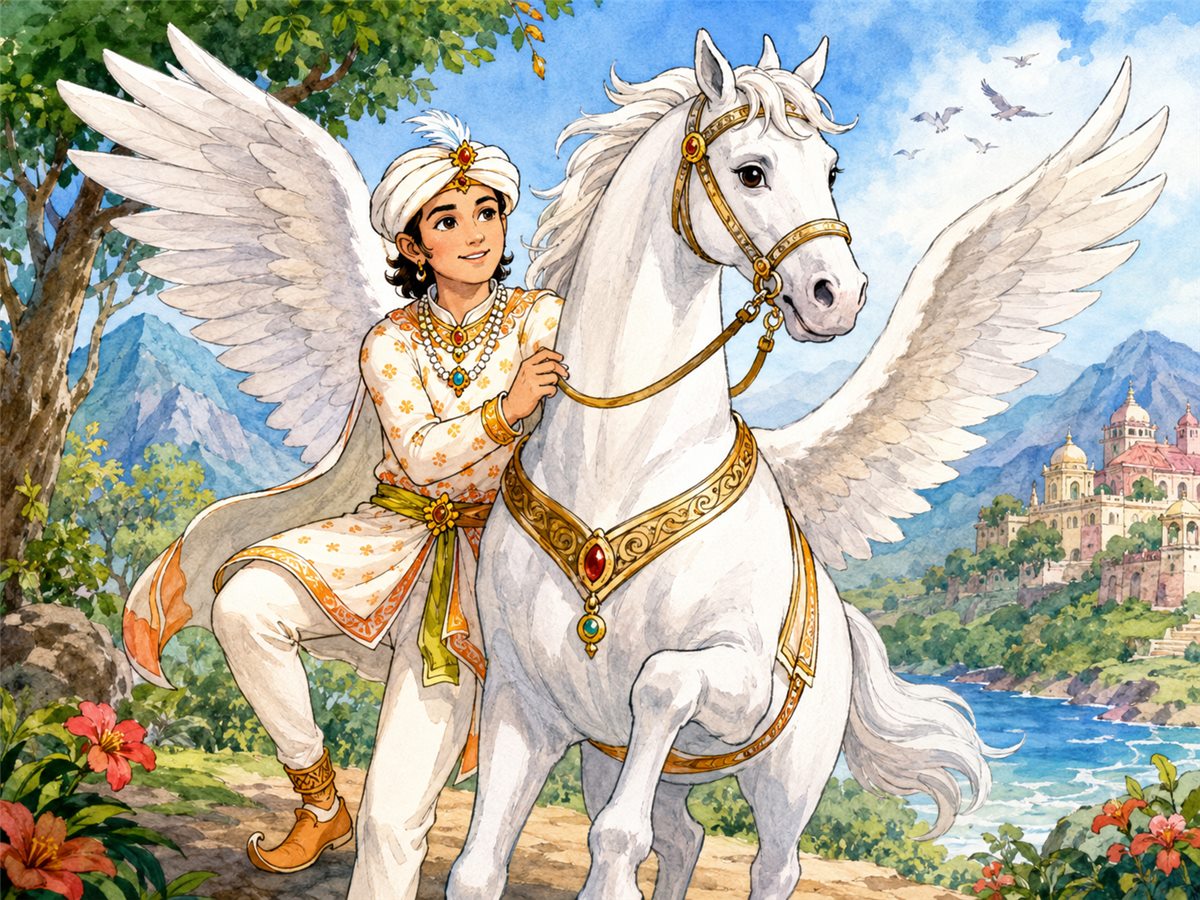 Dalimkumar riding a white winged horse in the illustrated folktale.