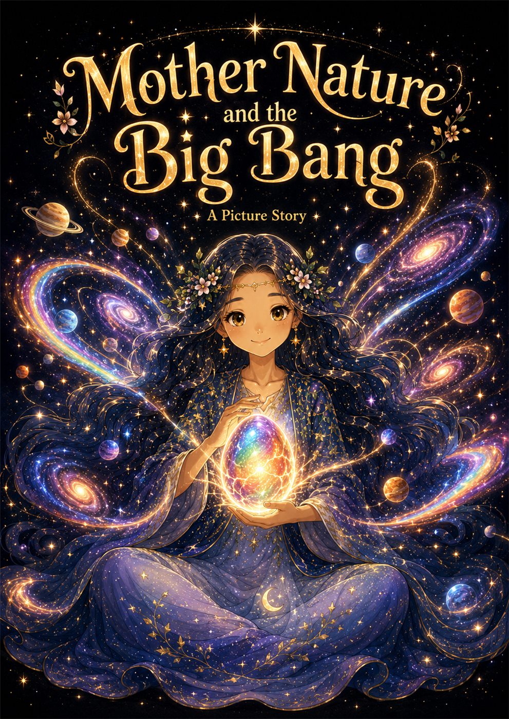 Mother Nature surrounded by stars, planets, galaxies, and glowing cosmic light.