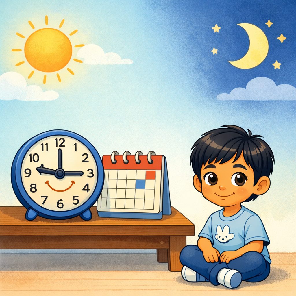 A smiling clock and calendar beside a child, with day and night in the background.